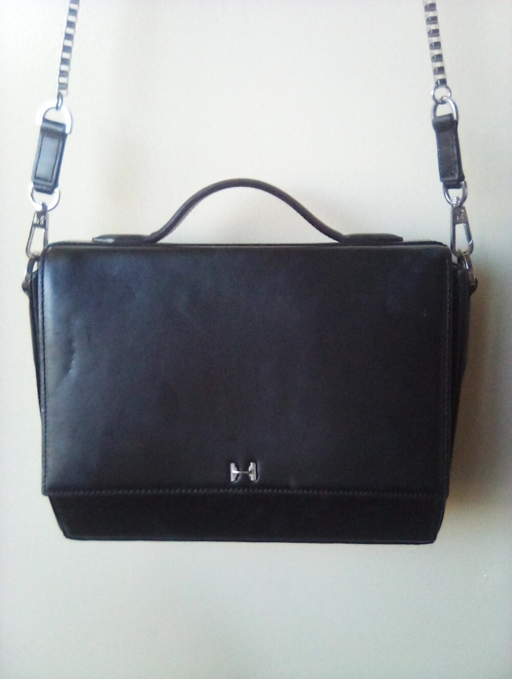 Black Front Flap Leather Crossbody Bag with Top Handle